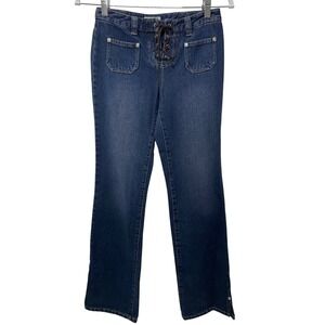 Vintage Y2K Jeans Lace Tie Up Front Blue Denim Low‎ Rise Bootcut Pockets Club 24